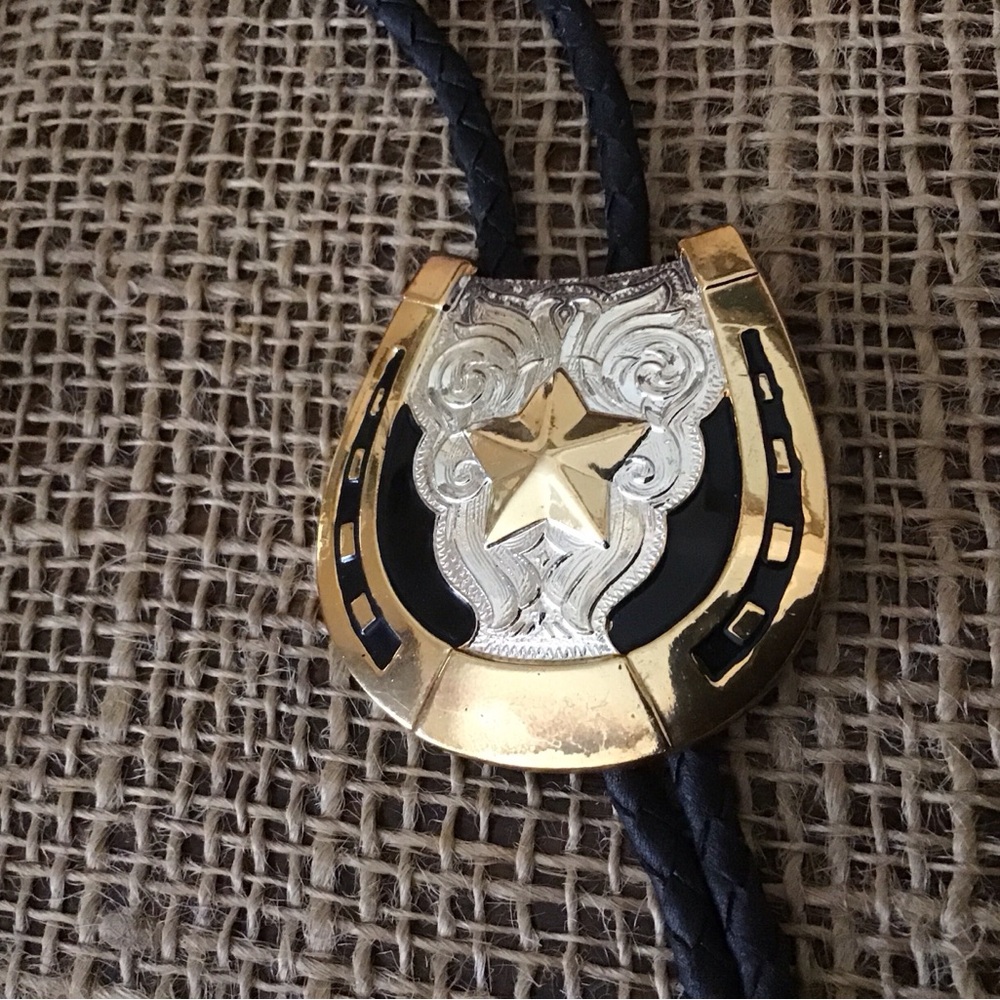 Vintage Solid Brass Texas Star and Horseshoe Bolo